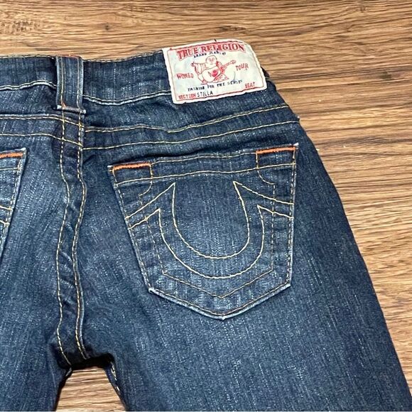 True Religion Low Rise Capri Blue Denim Jeans with Orange Stitching Size 24 - Picture 10 of 11
